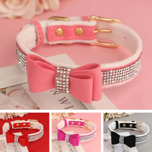 Bling Luxe Warm Fur Dog Bow Collar Suede Leather Puppy Dogs Collars Rhinestone Bowtie Pet Necklace for Small Medium Dogs Cats Chihuahua