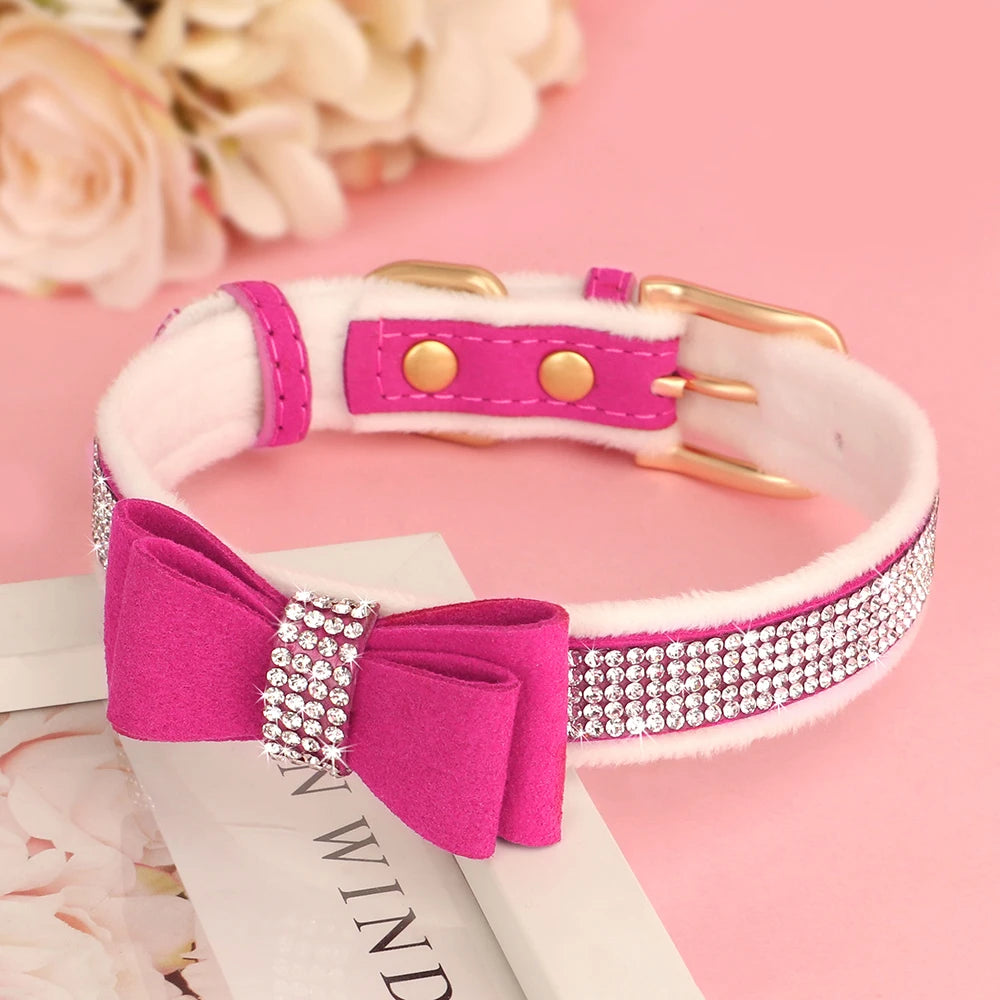 Bling Luxe Warm Fur Dog Bow Collar Suede Leather Puppy Dogs Collars Rhinestone Bowtie Pet Necklace for Small Medium Dogs Cats Chihuahua