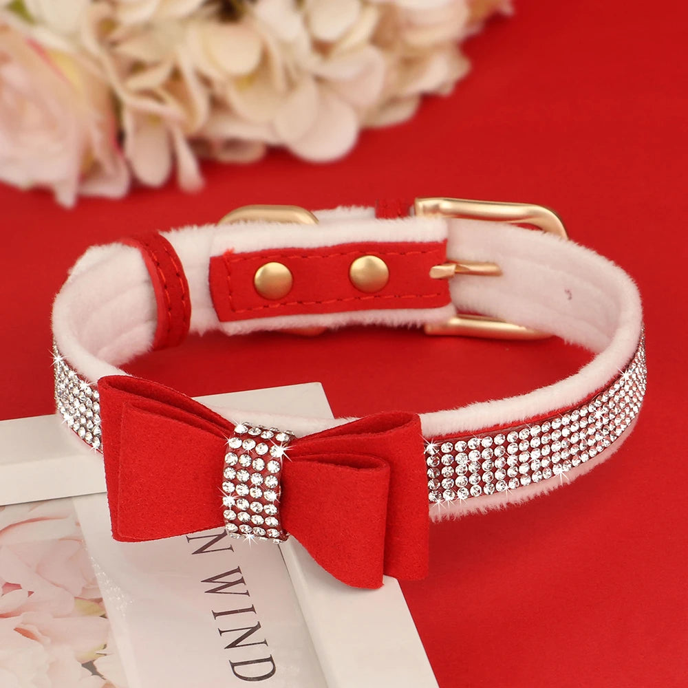 Bling Luxe Warm Fur Dog Bow Collar Suede Leather Puppy Dogs Collars Rhinestone Bowtie Pet Necklace for Small Medium Dogs Cats Chihuahua