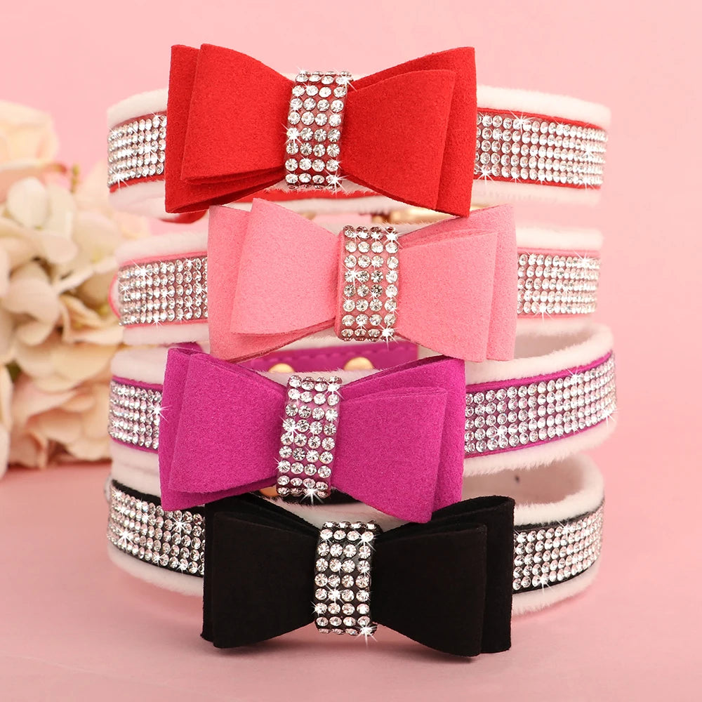 Bling Luxe Warm Fur Dog Bow Collar Suede Leather Puppy Dogs Collars Rhinestone Bowtie Pet Necklace for Small Medium Dogs Cats Chihuahua